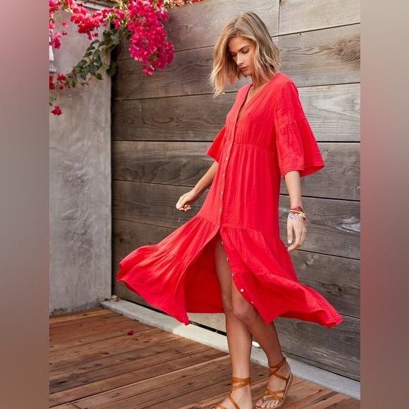XiRENA Dresses & Skirts - XIRENA Cotton Gauze Midi Dress Size XS Red Color GUC